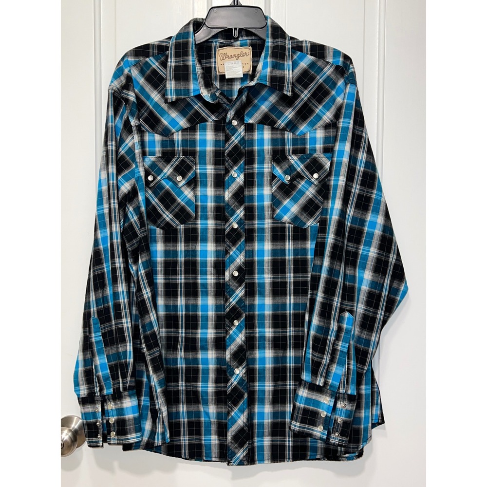 Wrangler Western Fashion Snap Shirt Mens XXL Blue Black Plaid WM928BK Cowboy
